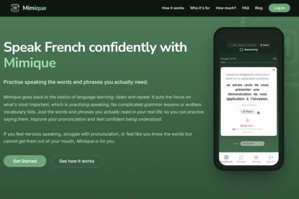 Mimique - French speaking & pronunciation app homepage