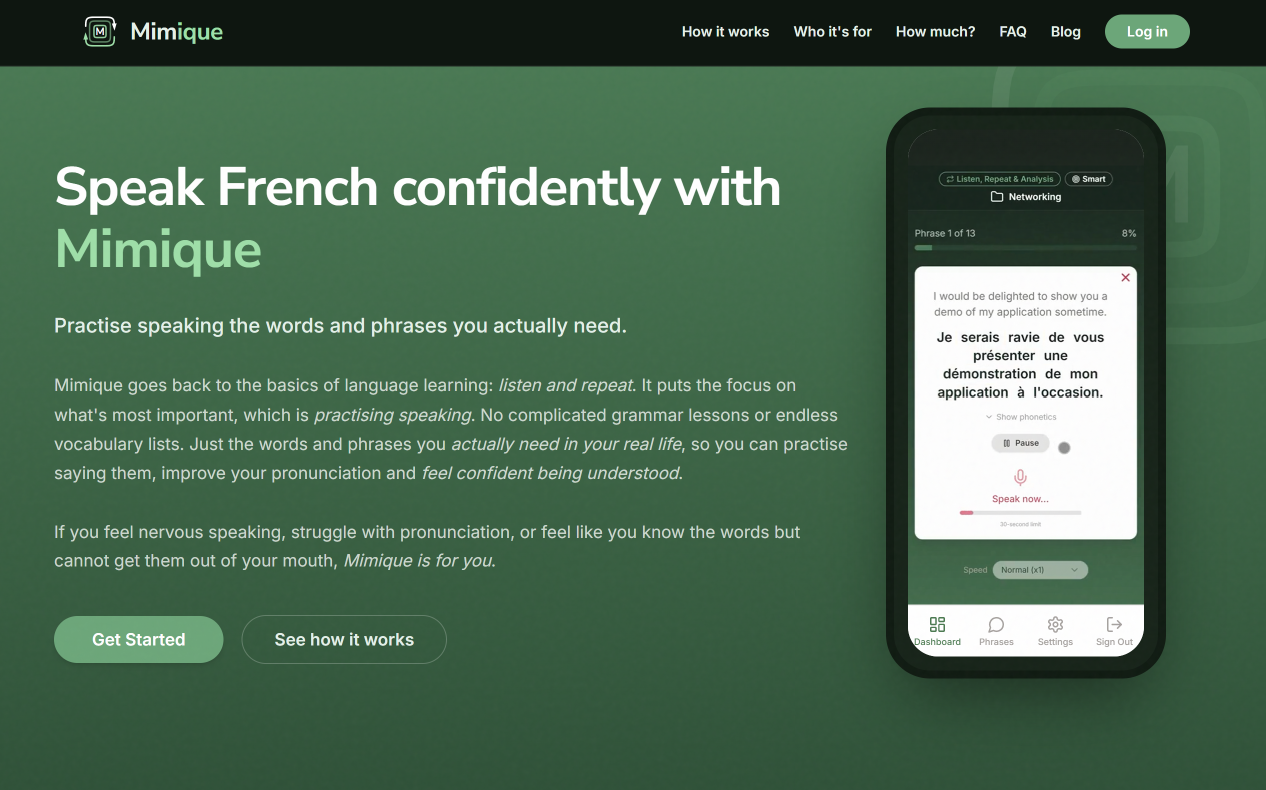 Mimique - French speaking & pronunciation app homepage